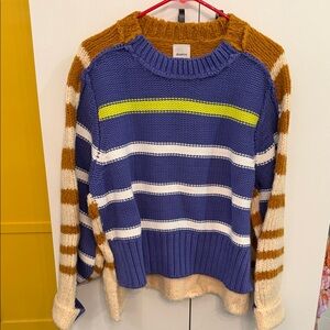 Anthropologie Maeve Blue and Tan Striped Crew Neck Sweater